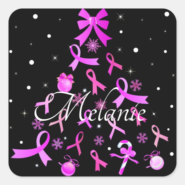 Pegatina Cuadrada Árbol de Navidad de cinta rosada (Anverso)