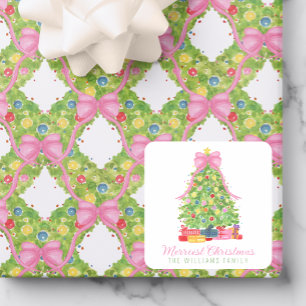Pegatina Cuadrada Árbol de Navidad de color rosa colorido acuarela