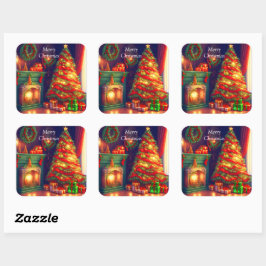 Pegatina Cuadrada Árbol de Navidad de estilo tradicional vintage