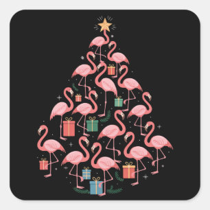 Pegatina Cuadrada Árbol de Navidad de Flamencos Rosas Fiesta
