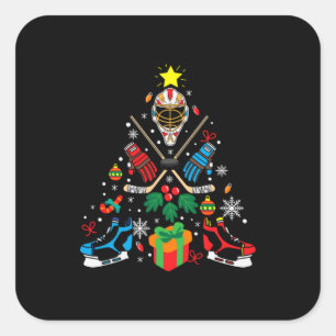 Pegatina Cuadrada Árbol de Navidad de hockey sobre hielo de Feliz Na