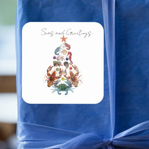 Pegatina Cuadrada Árbol de Navidad de Langosta de Cangrejo Crustáceo