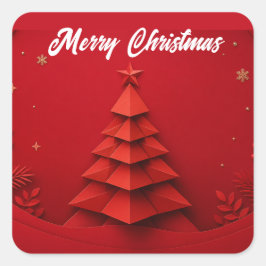 Pegatina Cuadrada Árbol de Navidad de Papel Fondo Rojo