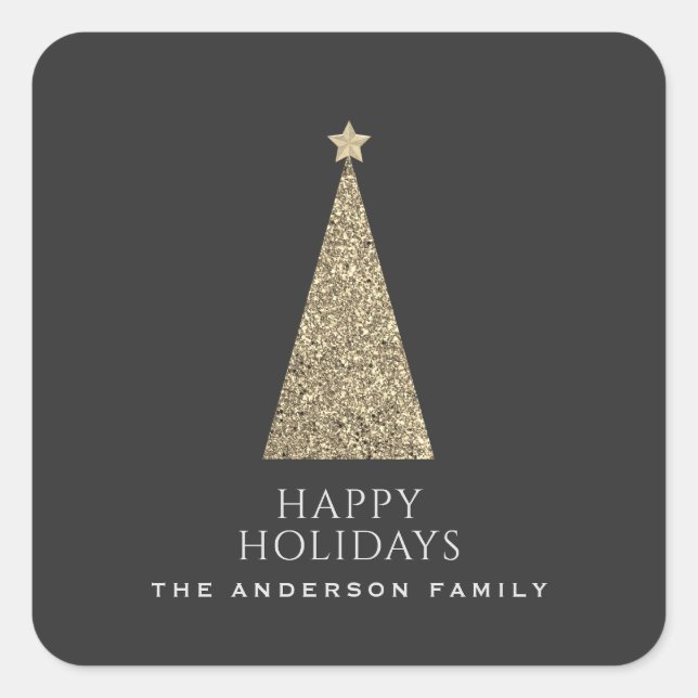 Pegatina Cuadrada Árbol de Navidad de Purpurina de carbón vegetal y  (Anverso)