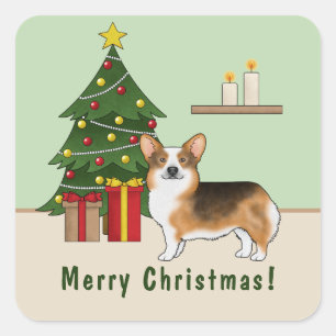 Pegatina Cuadrada Árbol de navidad de Tri Pembroke Welsh Corgi con c