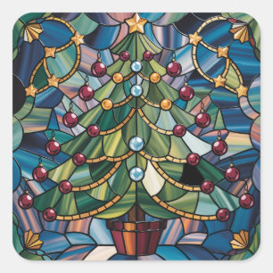 Pegatina Cuadrada Árbol de Navidad de Vidrio Pintado Estilo Tiffany