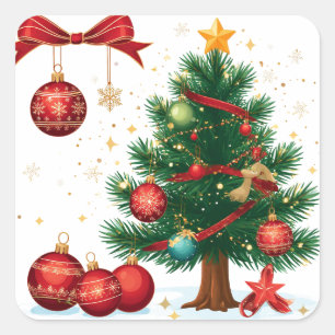 Pegatina Cuadrada Árbol de Navidad decorado con adornos rojos