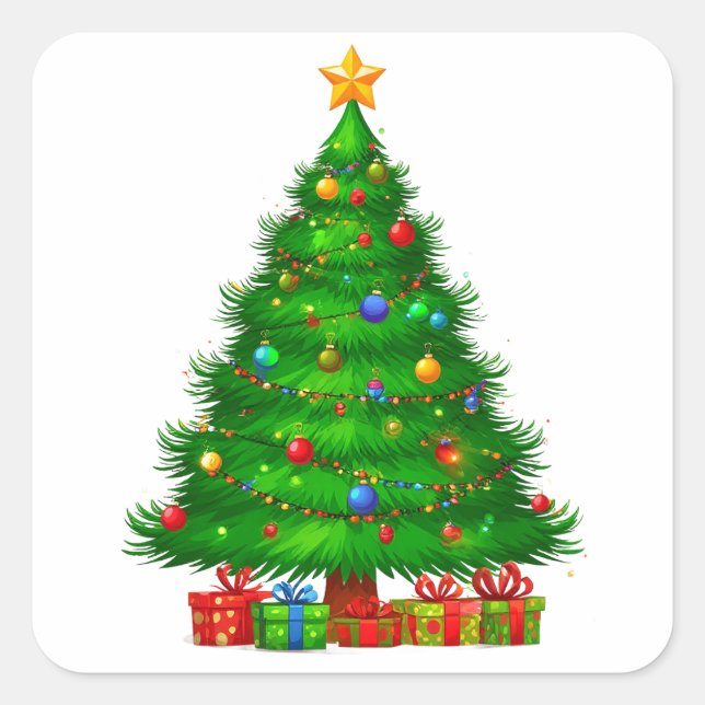 Pegatina Cuadrada Árbol de Navidad decorado maravillosamente (Anverso)