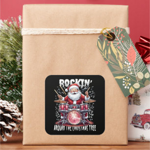 Pegatina Cuadrada Árbol de Navidad del baterista de Santa Rockin'