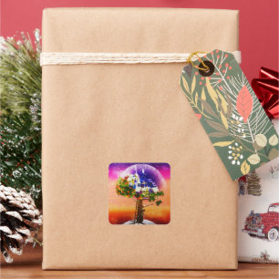 Pegatina Cuadrada Árbol de Navidad del Planeta Mágico Oro