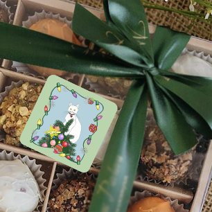 Pegatina Cuadrada Árbol de Navidad Divertido y Festivo Gato Blanco D