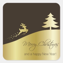 Pegatina Cuadrada Árbol de Navidad dorado con reno