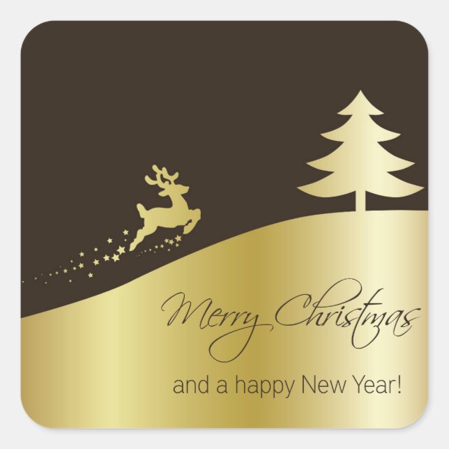 Pegatina Cuadrada Árbol de Navidad dorado con reno (Anverso)