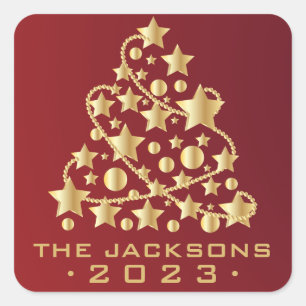 Pegatina Cuadrada Árbol de Navidad dorado en rojo