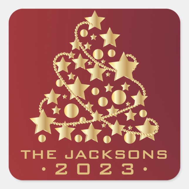 Pegatina Cuadrada Árbol de Navidad dorado en rojo (Anverso)