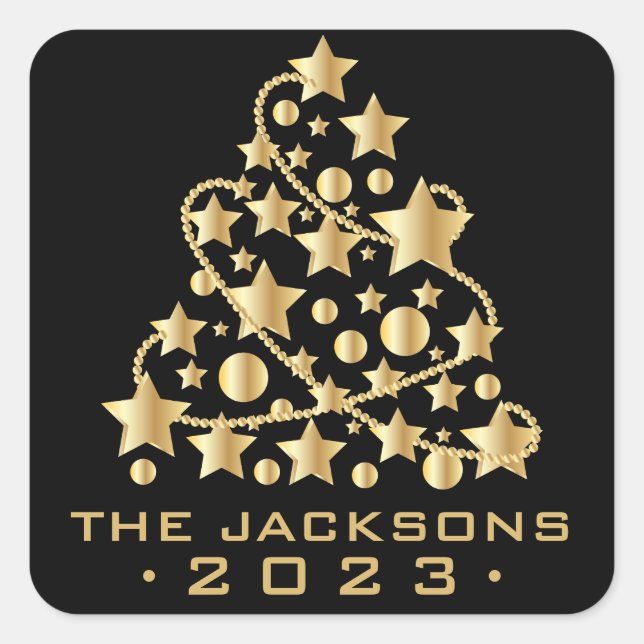 Pegatina Cuadrada Árbol de Navidad dorado en ronda clásica negra (Anverso)