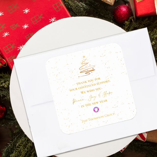 Pegatina Cuadrada Árbol de Navidad Dorado Gracias Mensaje Corporativ (Gold Christmas Tree Thank You Message Corporate Square Sticker)