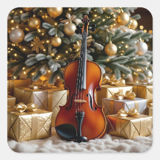 Pegatina Cuadrada Árbol de Navidad dorado, regalos y violín
