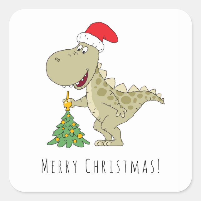 Pegatina Cuadrada Árbol de navidad dulce Dinosaurio Santa Hat (Anverso)