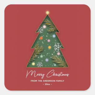 Pegatina Cuadrada Árbol de Navidad elegante y festivo con corte de p