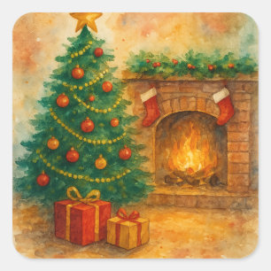 Pegatina Cuadrada Árbol de Navidad en acuarela y chimenea acogedora