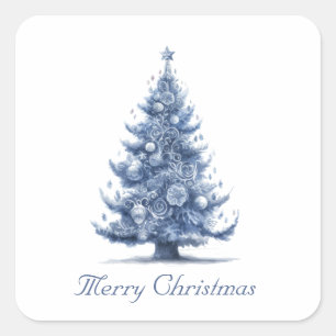 Pegatina Cuadrada Árbol de Navidad en azul Delft personalizable