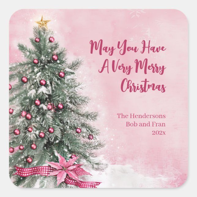 Pegatina Cuadrada Árbol de Navidad en rosa (Anverso)