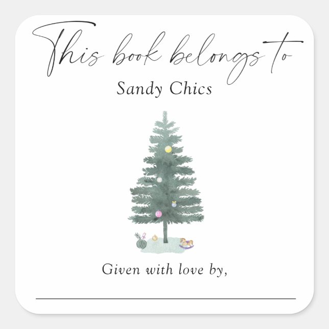 Pegatina Cuadrada Árbol de Navidad - este libro pertenece a (Anverso)