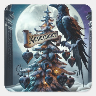Pegatina Cuadrada Árbol de Navidad Gótico con Corazones Raven
