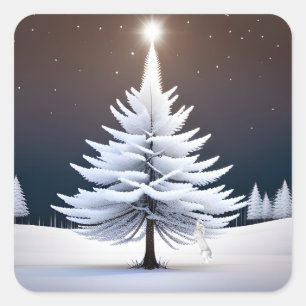 Pegatina Cuadrada Árbol de Navidad helado con conejo de invierno