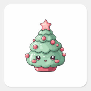 Pegatina Cuadrada Árbol de Navidad kawaii con cara sonriente