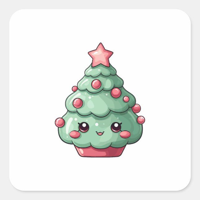 Pegatina Cuadrada Árbol de Navidad kawaii con cara sonriente (Anverso)