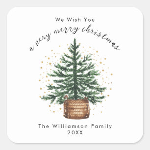 Pegatina Cuadrada Árbol de Navidad Minimalista Simple Acuarela Moder