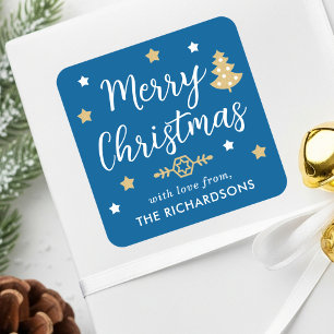 Pegatina Cuadrada Árbol de Navidad Moderno Nombre de Familia Azul Pe