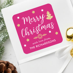 Pegatina Cuadrada Árbol de Navidad Moderno Nombre de Familia Rosa Pe