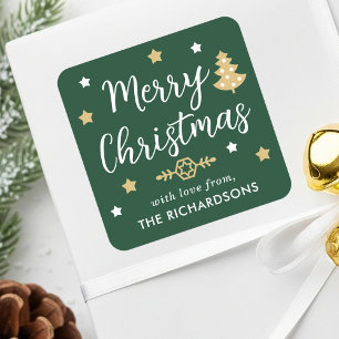 Pegatina Cuadrada Árbol de Navidad Moderno Nombre de Familia Verde P