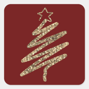 Pegatina Cuadrada Árbol de Navidad moderno Purpurina de oro