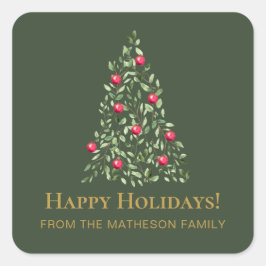 Pegatina Cuadrada Árbol de Navidad moderno verde rojo elegante famil