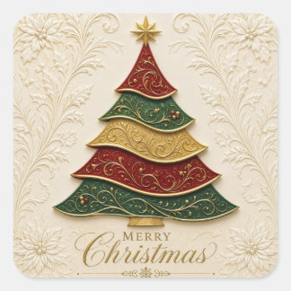 Pegatina Cuadrada Árbol de Navidad ornamentado en oro y esmalte