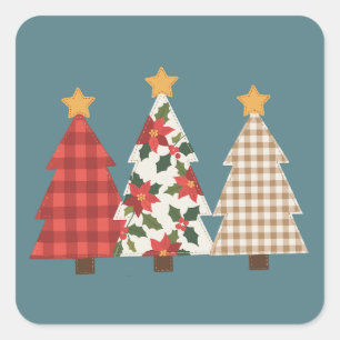 Pegatina Cuadrada Árbol de Navidad parches vintage cuadros rojos vac