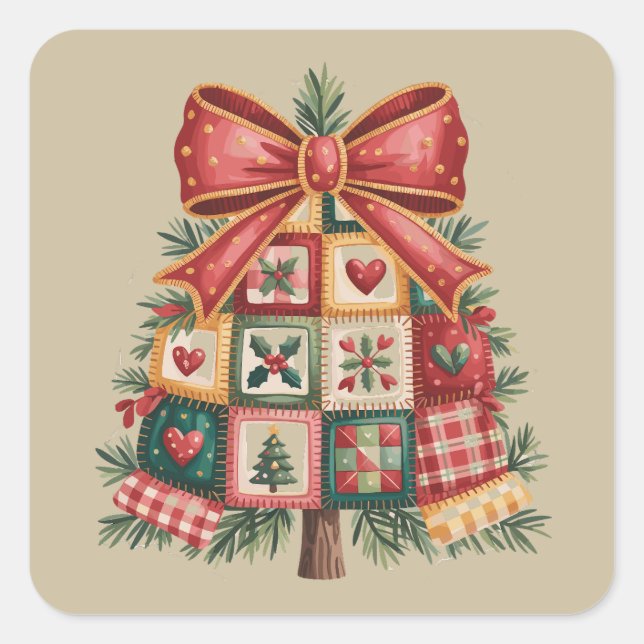Pegatina Cuadrada Árbol de Navidad Patchwork Coquette Navidad Fiesta (Anverso)