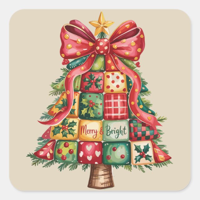 Pegatina Cuadrada Árbol de Navidad Patchwork Coquette Xmas Tree (Anverso)