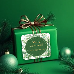 Pegatina Cuadrada Árbol de Navidad personalizado con arte en acuarel