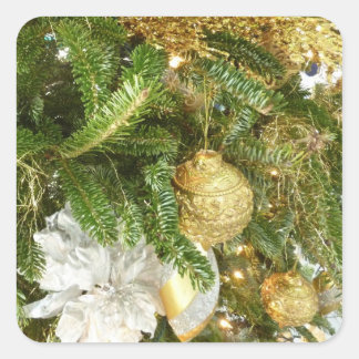 Pegatina Cuadrada Árbol de Navidad plateado y dorado en vacaciones
