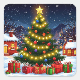 Pegatina Cuadrada Árbol de Navidad Resplandeciente en Pueblo Nevado 