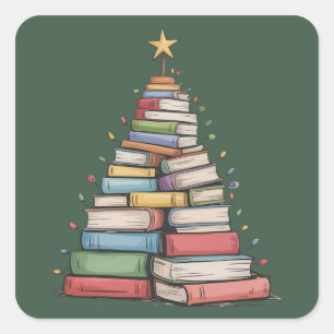 Pegatina Cuadrada Árbol de Navidad Retro Bibliófilo Biblioteca 