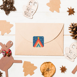 Pegatina Cuadrada Árbol de Navidad Retro Groovy Minimalista Rojo y A