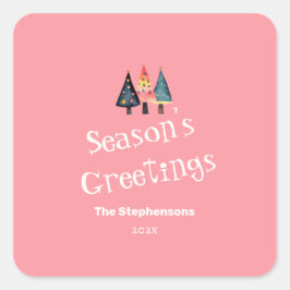 Pegatina Cuadrada Árbol de Navidad retro lindo Fiesta rosa