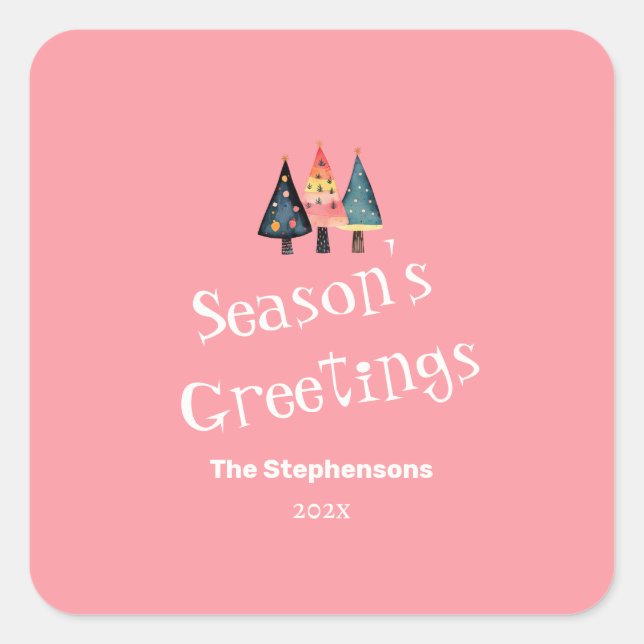 Pegatina Cuadrada Árbol de Navidad retro lindo Fiesta rosa (Anverso)