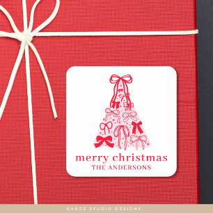 Pegatina Cuadrada Árbol de Navidad Rojo Rosado y Moderno